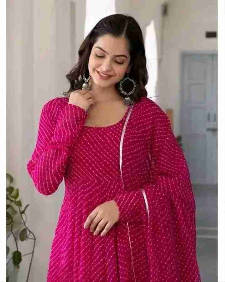 DivaFashionWear Women Printed Georgette Anarkali Kurta With Attached Dupatta (Pink)