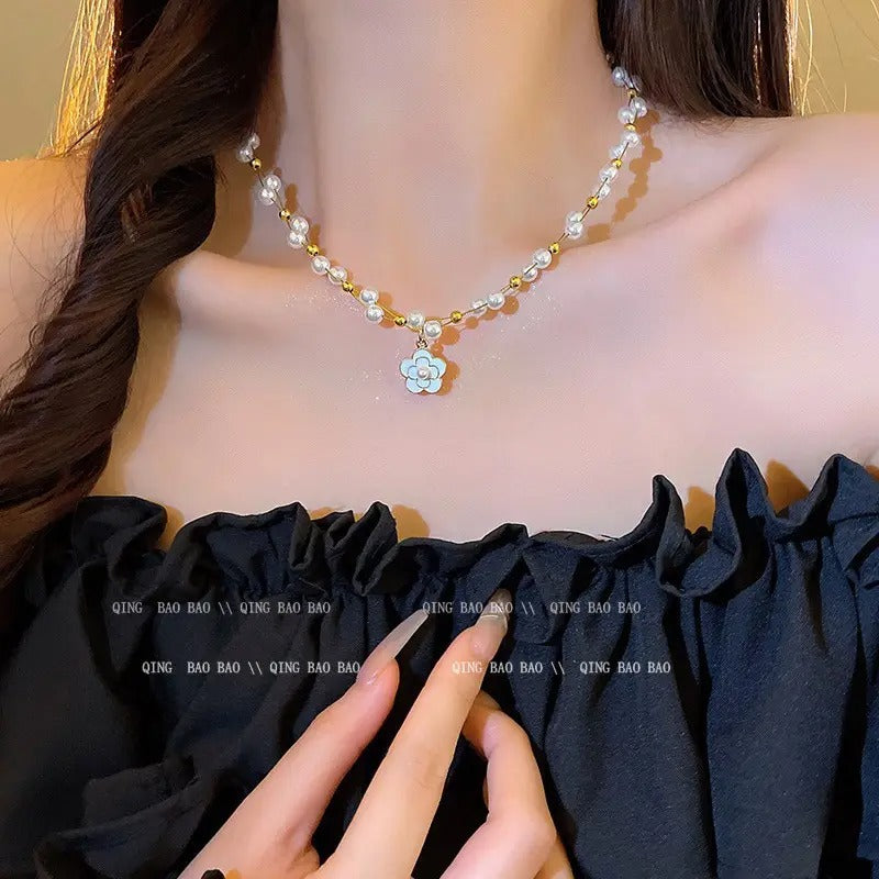 FS-NCKS7N35 - French Style Pearl Camellia Necklace