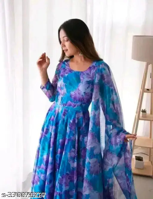 Flower Print Georgette Kurti With Dupatta ( No Bottomwear )