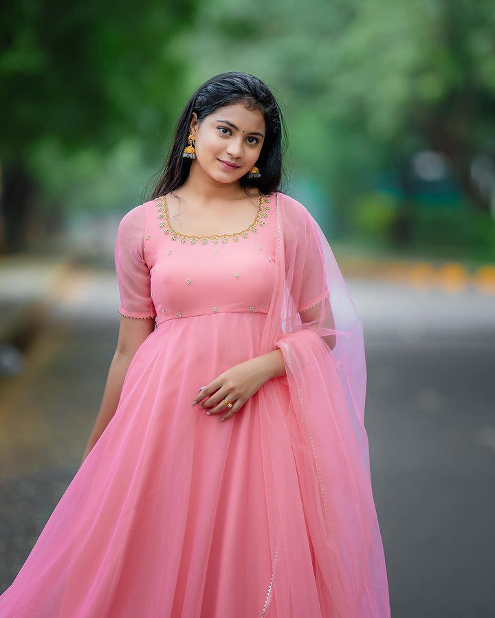 Pink Georgette Gown with Embroidery & Zari Work, Includes Dupatta