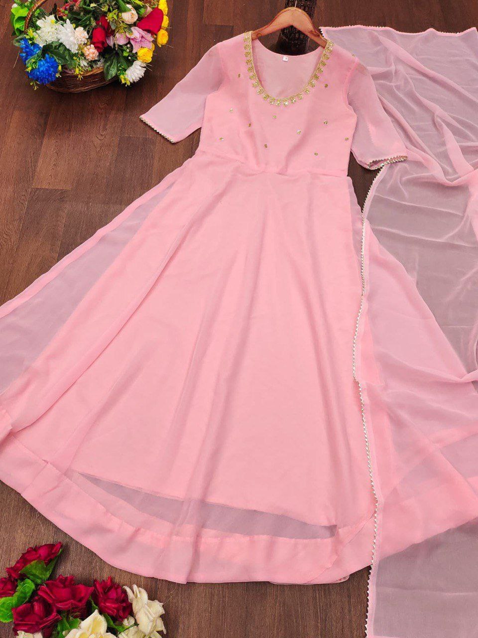 Pink Georgette Gown with Embroidery & Zari Work, Includes Dupatta