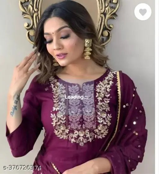 Women Rayon Straight Embroidered Long Kurti Pant With Dupatta set