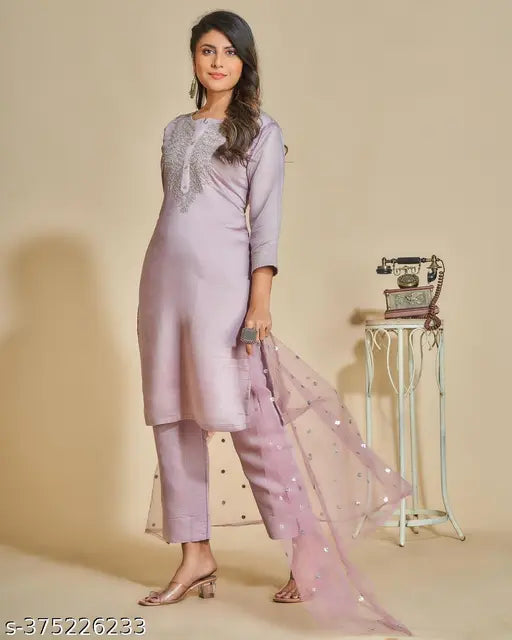 Adorable Chandheri Silk Embroidered Kurti Set with Net Dupatta