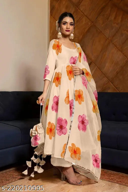 Women Printed Georgette Flowers Printed Anarkali Kurta | Kurti and Pant with Dupatta Set