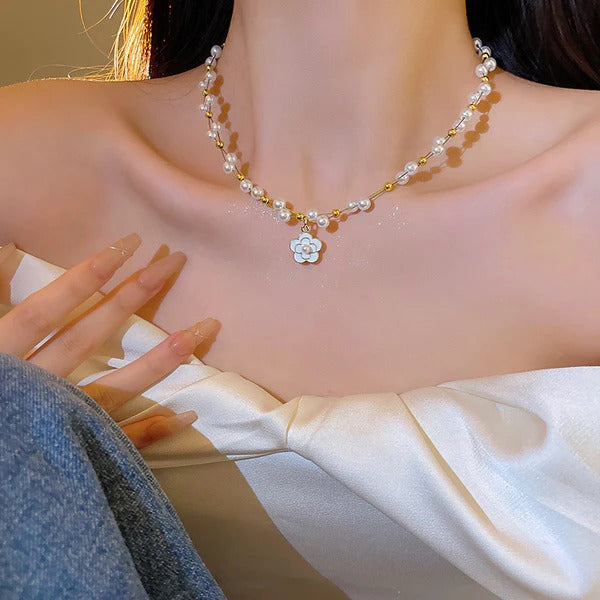 FS-NCKS7N35 - French Style Pearl Camellia Necklace