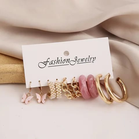 Model No. 377 Glamorous Pink and Golden Set of 5 Pair Earrings