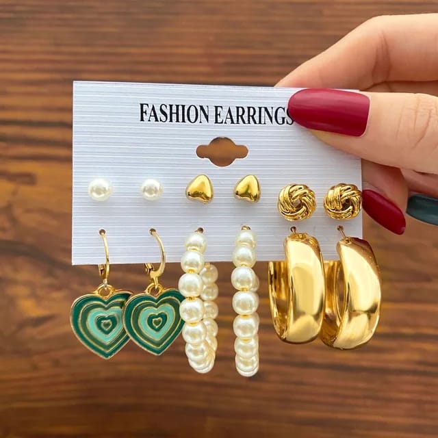 Model No. 379 Set of 5 Pair Green And Golden Earrings