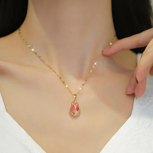 Model 259 Stainless-steel Pink Tulip Necklace