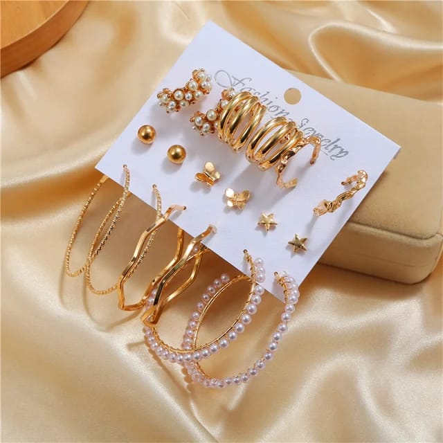 Model No. 369 Combo Of 9 Pair Butterfly, Star Studs and Plain Pearl Hoop Earrings