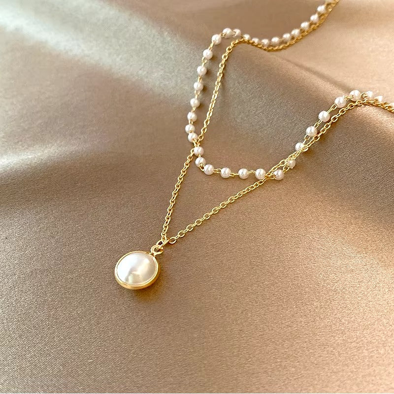 FS-NCKS4C58 - Pearl Drop Double Layer Peral Chain Necklace