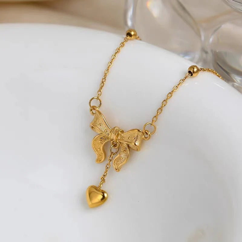 FS-NCKS4C53 - Bow Knot Heart Drop Pendant Necklace