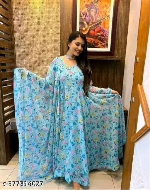 Flower Print Long Kurti With Dupatta (No Bottomwear)