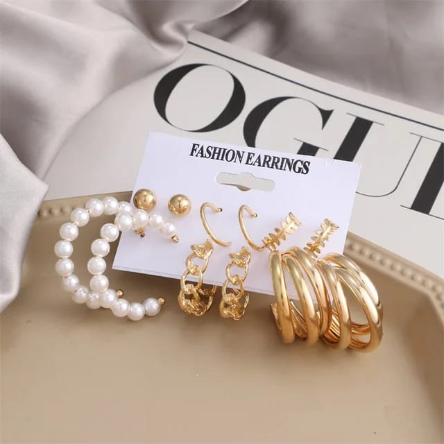 Model No. 372 Combo Of 6 Plain Chain Pearl Hoop Earrings