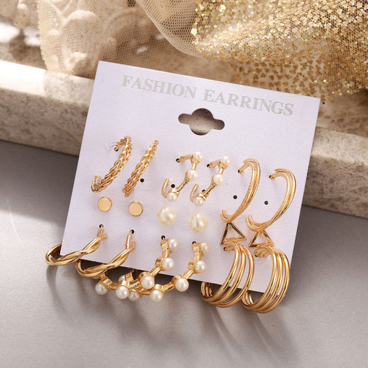 Combo 9 Pairs Gold Plated Pearl Studs And Hoop Earrings