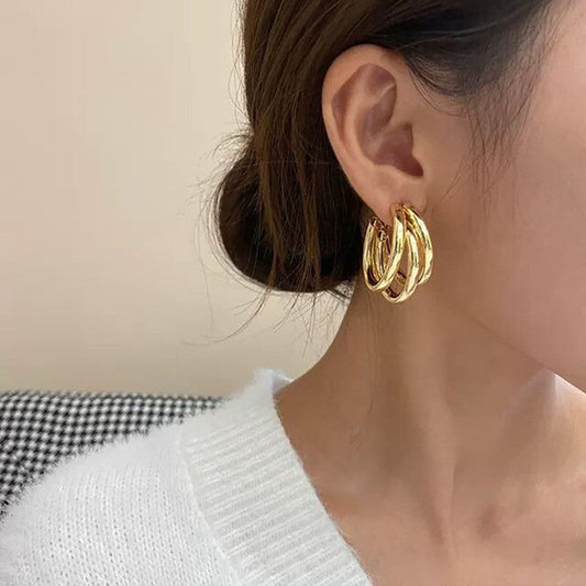 Korean Gold Plated Shiny Triple Hoop Earrings