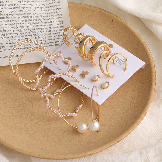 9 Pair Pearl, Hoop, And, Heart Butterfly Stud Earrings