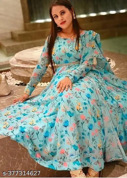 Flower Print Long Kurti With Dupatta (No Bottomwear)