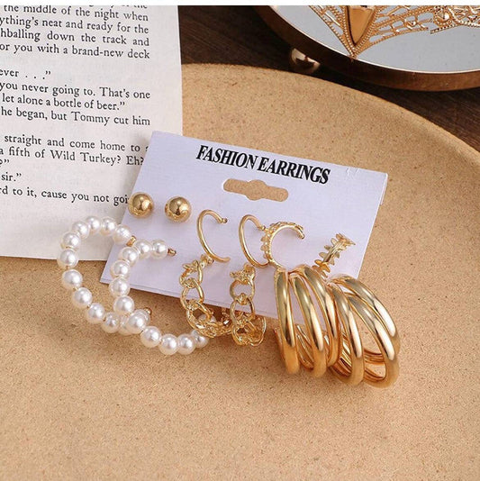 Combo of 6 Plain Chain Pearl Hoop Earrings