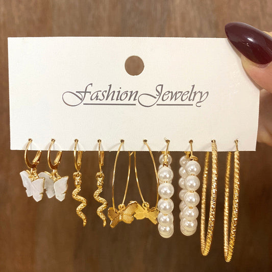 Combo of 5 Butterfly Snake Pearl Hoop Earrings