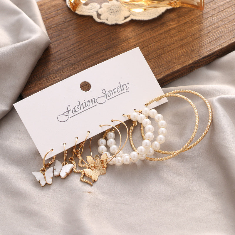 Combo of 5 Butterfly Snake Pearl Hoop Earrings