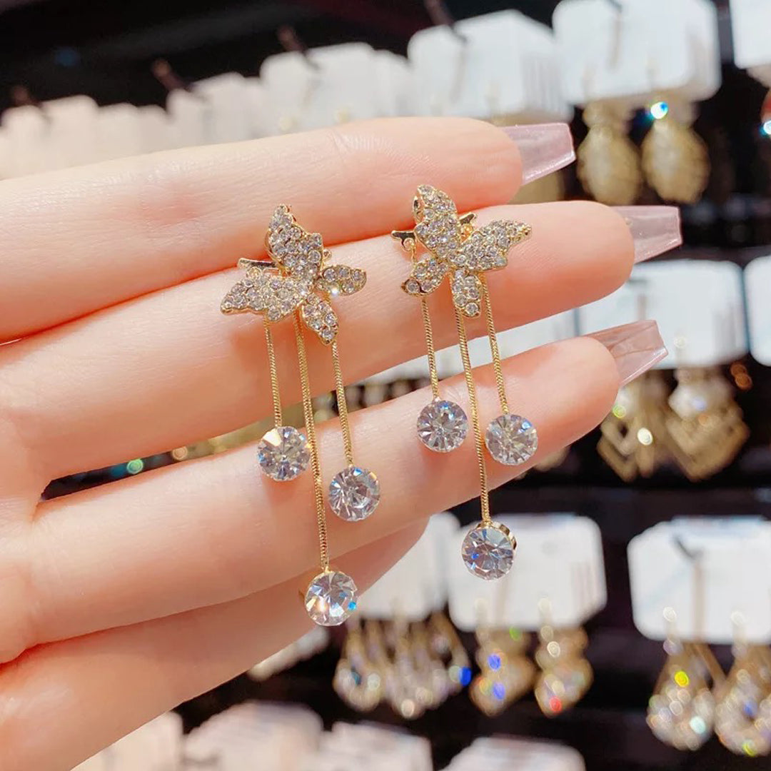 Korean Studded Butterfly Tassel Earrings 2 Pcs/Set