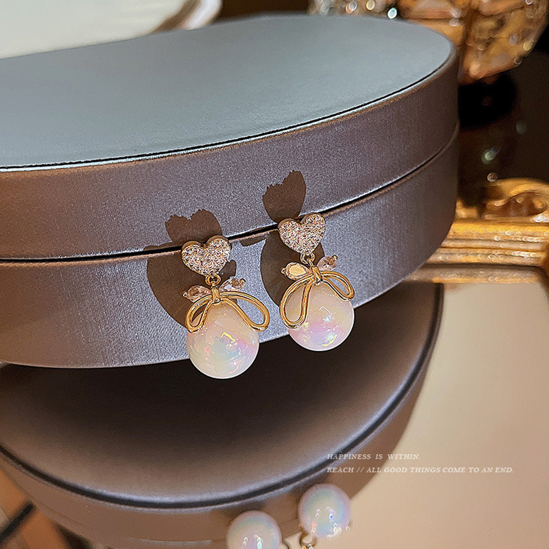 Love Bow and Pearl Stud Korean Earrings (2 Pcs/Set)