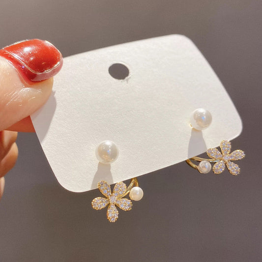 Diamond Flower and Pearl Stud Korean Earrings 2 Pcs/Set