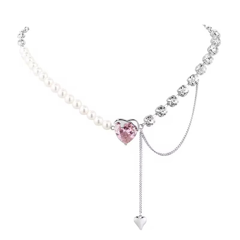 FS-NCKS4C16 - Pink Heart Pearl Chain Necklace