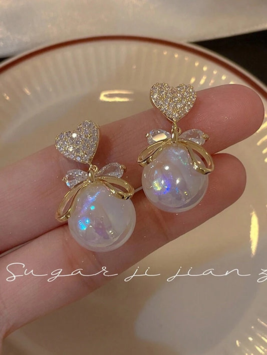 FS-ERS9N93B - Trendy Heart Bow Peal Drop Earrings