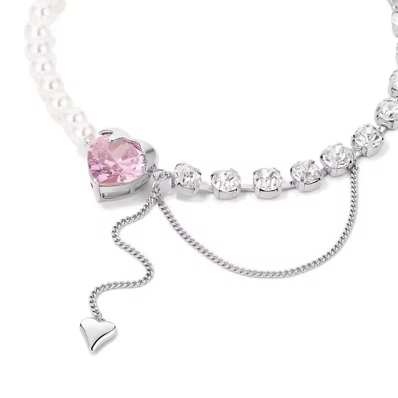 FS-NCKS4C16 - Pink Heart Pearl Chain Necklace