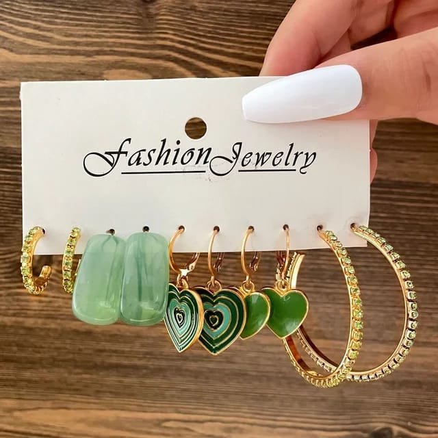 Model No. 379 Set of 5 Pair Green And Golden Earrings