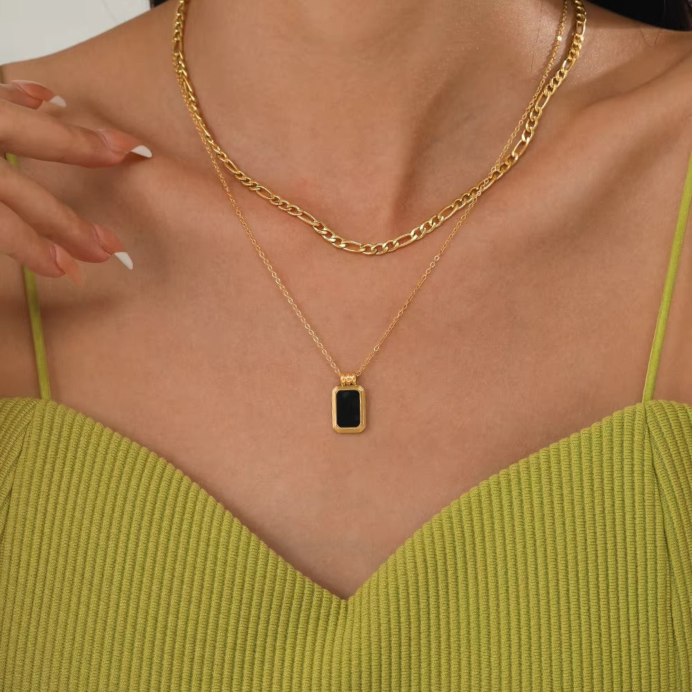 FS-NCKS4C73 - Alloy Dual Layer Black Square Pendant Necklace