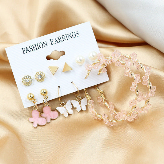 6 Pair Butterfly Pearl Studs And Hoop Earrings