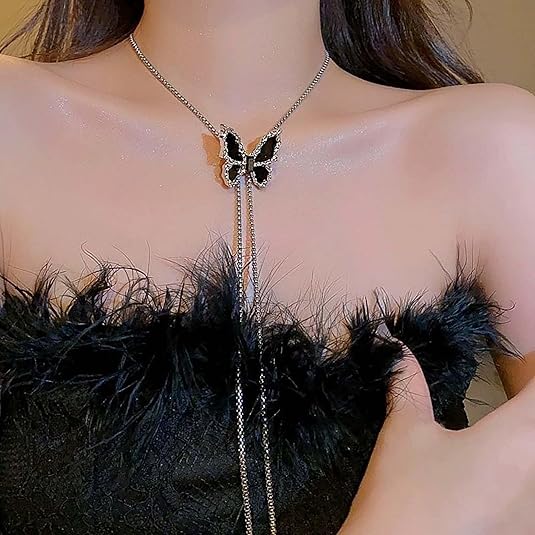 FS-NCKS4C34 - Adjustable Black Butterfly Long Chain Necklace