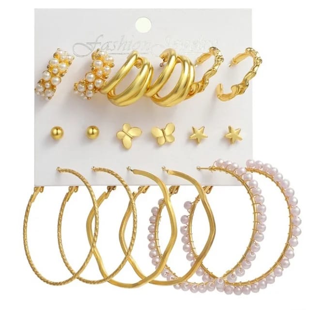 Model No. 369 Combo Of 9 Pair Butterfly, Star Studs and Plain Pearl Hoop Earrings