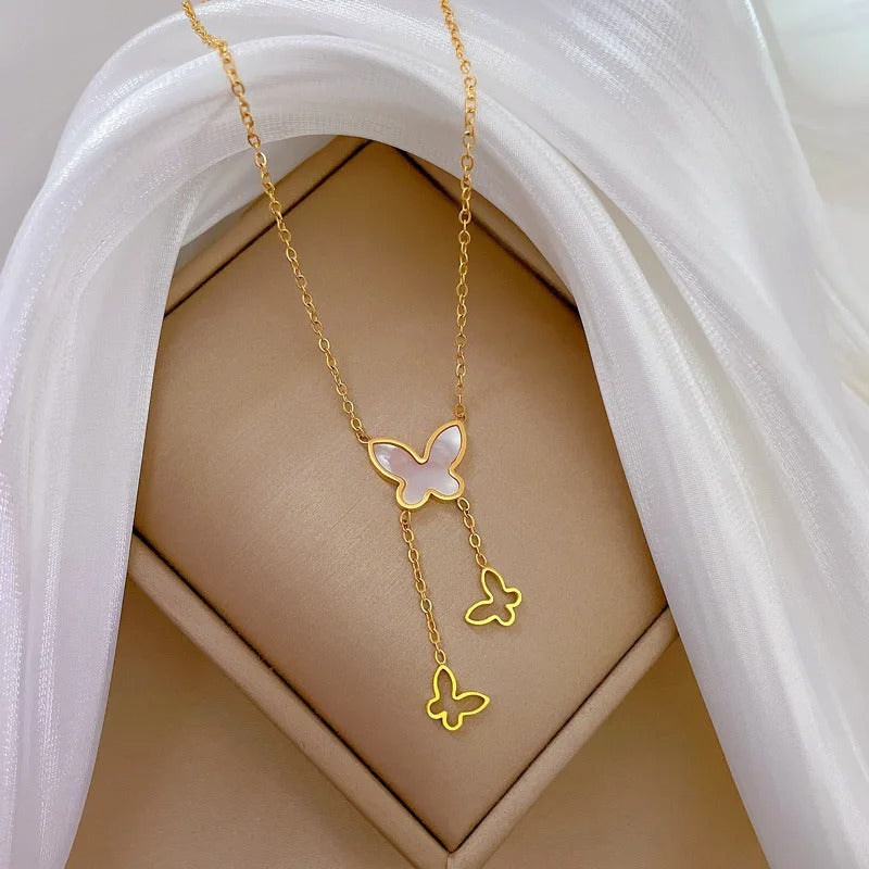 FS-NCKS4C27 - Opal Butterfly Long Chain Tassel Necklace