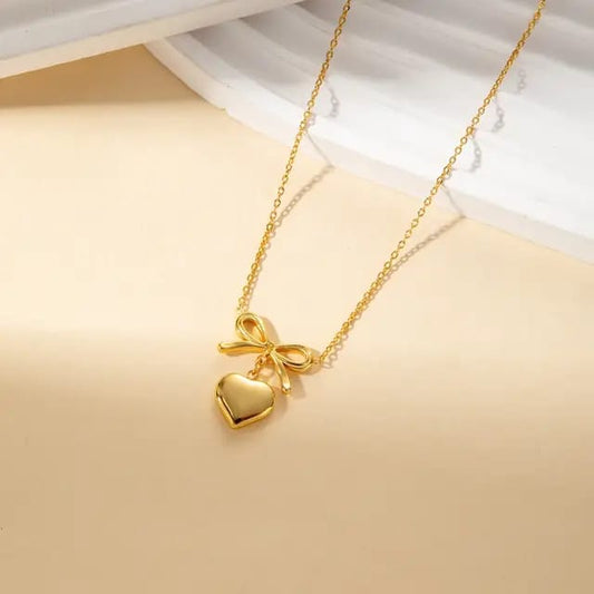 Model No. 366 Golden Heart Bow Pendant Necklace