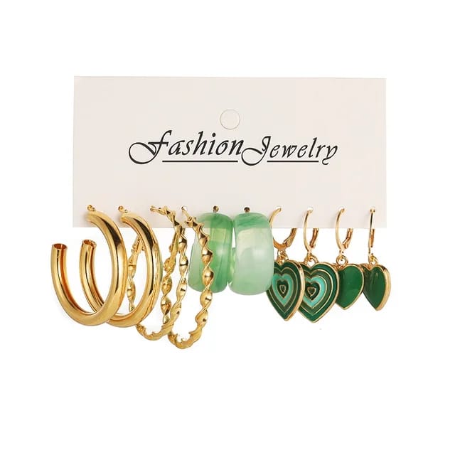 Model No. 379 Set of 5 Pair Green And Golden Earrings