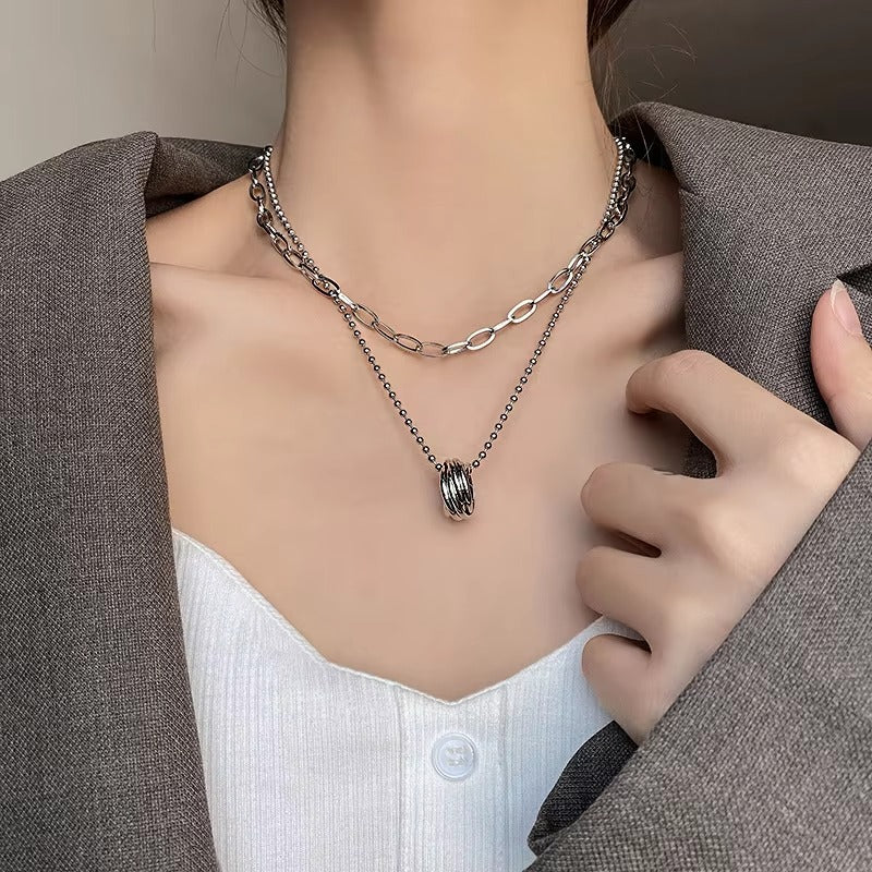 FS-NCKS4C43 - Unisex Double Layer Silver Chain Necklaces