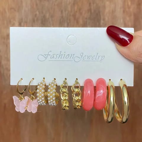 Model No. 377 Glamorous Pink and Golden Set of 5 Pair Earrings