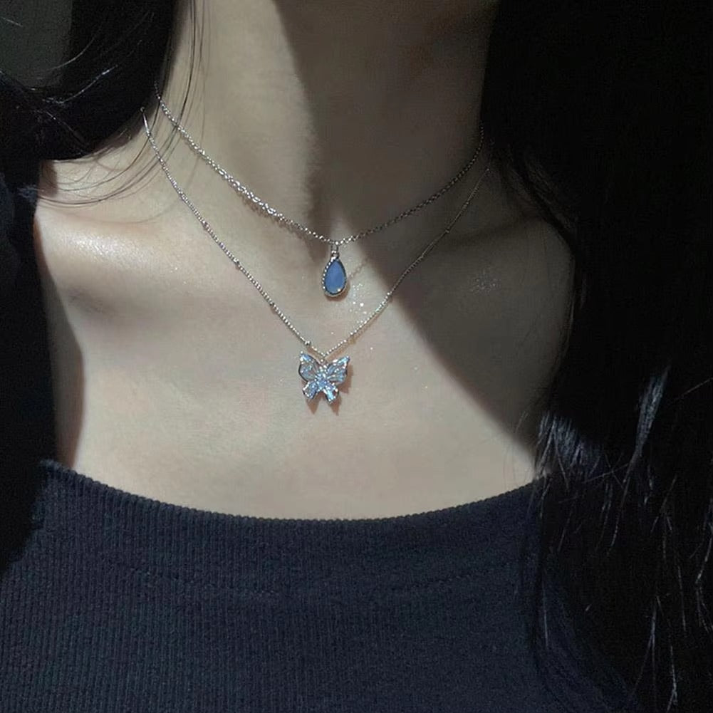 FS-NCKS4C49 - Dual Chain Butterly & Blue Stone Necklace