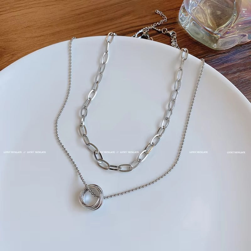 FS-NCKS4C43 - Unisex Double Layer Silver Chain Necklaces