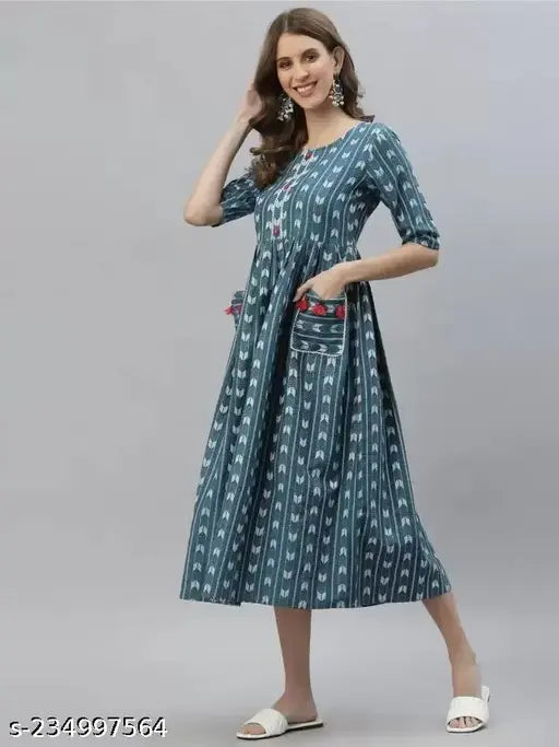 Womens Dobby Cotton Pocket Pleated kurti