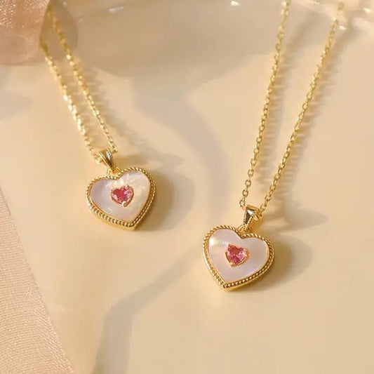 Model No. 362 Natural Shell Double Heart Pendant Necklace