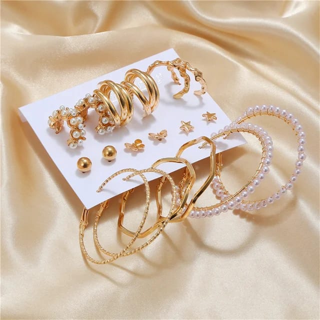 Model No. 369 Combo Of 9 Pair Butterfly, Star Studs and Plain Pearl Hoop Earrings