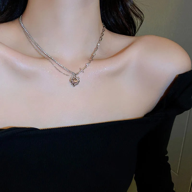 FS-NCKS4C23 - Crystal Heart Y2K Asymmetric Chain Necklace