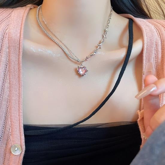 FS-NCKS4C23 - Crystal Heart Y2K Asymmetric Chain Necklace