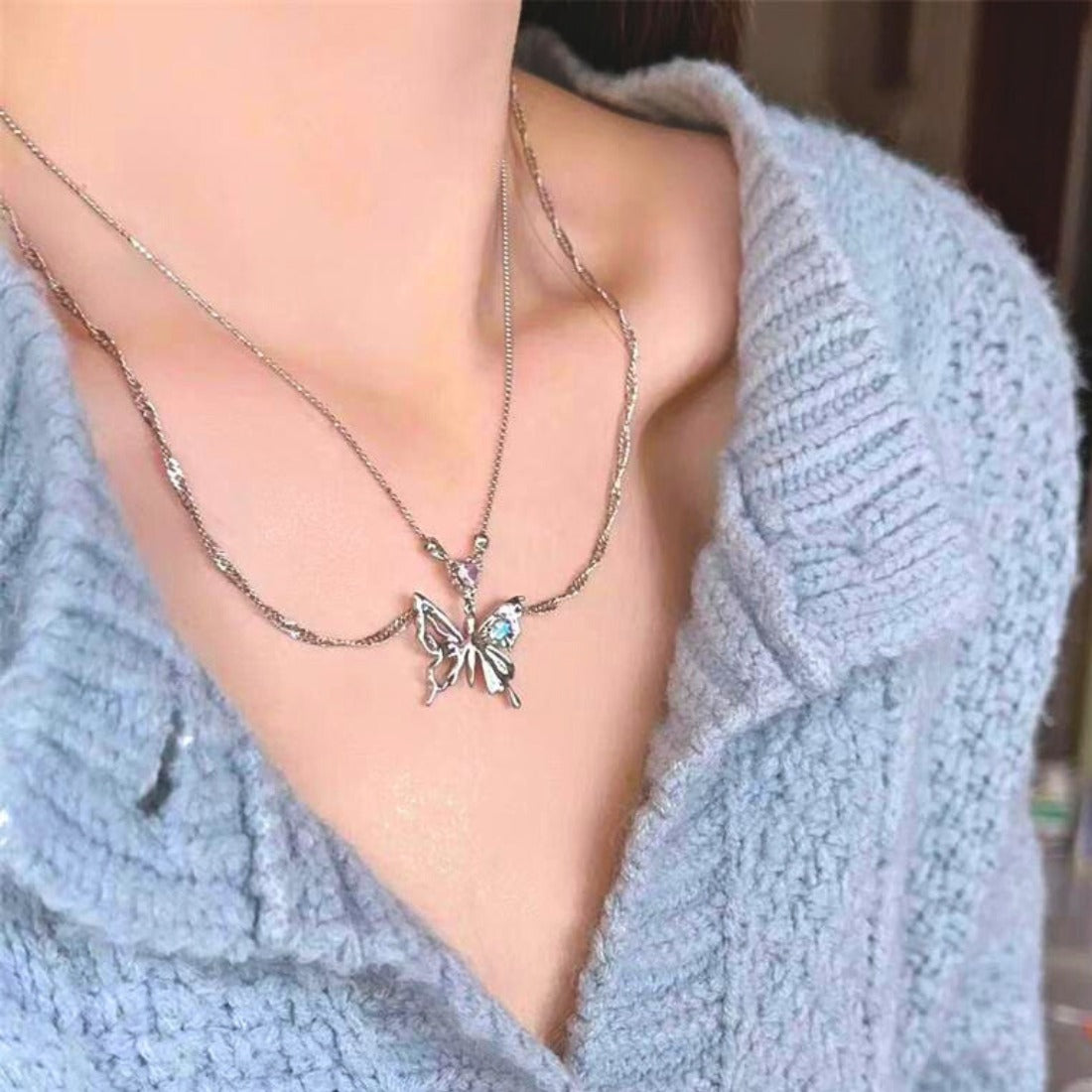 FS-NCKS4C31 - Different Double Layer Chains Butterfly Necklace