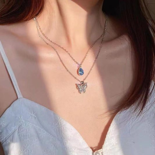 FS-NCKS4C49 - Dual Chain Butterly & Blue Stone Necklace