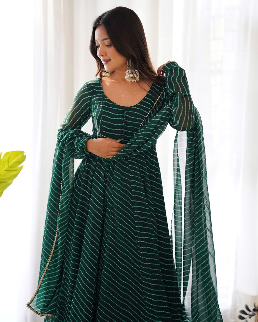 Sawan Special Bottle Green Lahariya Print Anarkali Suit With Dupatta & Bottom (Set Of 3)